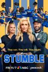 Stumble TV show poster: Two blonde White women and a White man stand in workout gear as cheerleaders jump behind them.