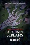 Poster image for the true crime docuseries JOHN CARPENTER'S SUBURBAN SCREAMS. An overhead shot of a suburban cul-de-sac surrounded by green lawns and connected via driveways, which are all streaming with blood. 