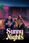 Sunny Nights TV show poster: Martin and Vicki sit together on a ledge outside their cheap motel; Martin holds cans of Tansform and looks hapless