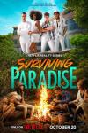 Surviving Paradise TV show poster: Insiders in white look down at outsiders shivering around campfire. 