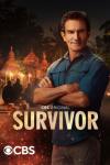 Survivor TV show poster: Host Jeff Probst poses in front of tribal council