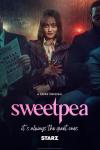 Sweetpea TV show poster: White woman with blood on her blouse, sitting on a bus, grinning  