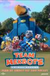 Team Mekbots TV show poster: Team Mekbot in their robot suits stand in front of the giant Bird-shaped plane.
