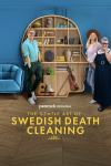 The Gentle Art of Swedish Death Cleaning poster: Johan, Kat, and Ella stand around a brown head shaped shelving unit.  