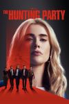 The Hunting Party TV show poster: Black and red image of Melissa Roxburgh's face and small black sillhouettes of four people on left.