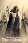 The Pendragon Cycle: Rise of the Merlin TV show poster: Tom Sharp dressed as Merlin in medievil hooded cloak and holding stick under beams of light.
