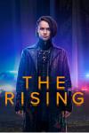The Rising TV show poster: A 19-year-old girl stands in darkness looking forward as police lights blink behind her. 