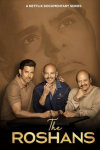 The Roshans TV show poster: Hrithik, Rakesh, and Rajesh Roshan sit closely against backdrop of Roshan image.
