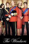 The Windsors TV show poster: Kate stands in black next to Harry in uniform, Charles in uniform, Camilla, and Wills.