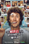 The Worst Trip Around the World TV show poster: Juanpa Zurita smiling with pen in mouth and white bandage on brow in front of travel photos.