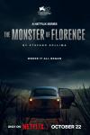 The Monster of Florence TV show poster: a night sky and deserted car in a corn field with a door open and brake lights on