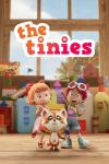 The Tinies TV: Bella, Titus and Ollie excitedly pose to the camera in the center frame with a small toy-built city blurred in the background.