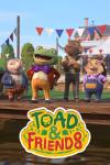 Toad & Friends TV show poster: Mole, Toad, Ratty and Hedge stand proudly on a pier by the riverbank; red, white and blue flags in the background.