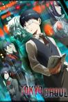 Tokyo Ghoul TV show poster: A boy with an eye patch is holding an open book in one hand while staring off in the distance, behind him is a cityscape and four menacing looking figures.