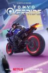 Tokyo Override TV Show Poster: A girl with short hair rides a motorcycle, looking backwards in front of a colorful purple background.