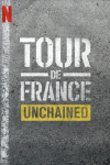 Tour de France: Unchained TV show poster: White and yellow stenciled logo on gray pavement. 