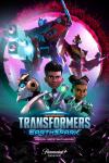 Transformers EarthSpark Hometown Heroes TV: Robby looking heroic between Thrash and Mo in front of space bridge where Optimus Prime and Hot Rod stand.