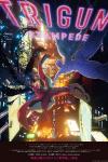 Trigun Stampede TV show poster: Vash is seen falling between futuristic buildings with hologram signs, he is pointing a gun at a man with wings who is chasing him through the air.