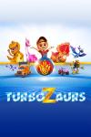 Turbozaurs TV: Peter smiles with open arms above the Turbozaurs logo in the center, two dinosaurs stand either side of him.