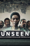 Unseen TV show poster: Zenzi's head and shoulders face forward in center of other characters with Cape Town skyline hanging upside down over them.