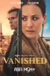 Vanished TV show poster: Sam Claflin and Kaley Cuoco stand in front of different Paris backdrops. A vertical train divides the image.