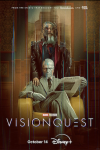 VisionQuest TV show poster: Vision sits in a chair, glaring at the camera; Ultron stands behind him with his hand on Vision's shoulder