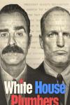 White House Plumbers TV show: Liddy and Hunt's faces are shown in closeup, close together in black and white, with a background of newsprint. The words "White House Plumbers" appear beneath their faces