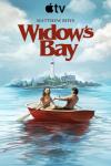 Widow's Bay TV show poster: a young couple rows a boat off the shore of an island city in a retro-looking image