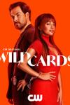 A Black woman in a red dress stands handcuffed to an Italia man with a police badge against a red background with the title, "Wild Cards" in front of them.