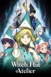 Witch Hat Atelier TV show poster: Witches in robes and pointy hats are surrounded by white light against a dark background. Coco, center, holds a pen.