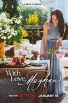 With Love, Meghan TV show poster: actress and Duchess, Meghan Markle attends to a table setting wearing a long, grey sheath dress.