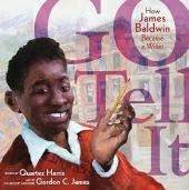 Go Tell It book cover: A Black boy with a big smile, red sweater, and pencil in his hand is pictured in front of brownstone houses