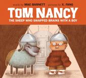 Tom Nancy book cover: A sheep and a boy wearing helmets stand side by side, wooden backdrop
