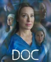 Doc TV show poster: blue-toned kaleidoscopic portraits of White female lead actor and other actors in medical gear.