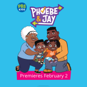Phoebe & Jay TV: Jay and Phoebe are embraced by Grandma Annie and Dad in a solid blue background.