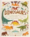Dinosaurs book cover: In earthy tones, nearly 20 prehistoric animals (plus 3 volcanoes) grace the space around the title and lengthy subtitle