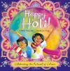 Happy Holi! book cover: Two children with colored powder on their hands are encircled by an ornate border with Indian motifs 