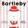 Bartleby book cover: Bear in red outfit and hat against striped background