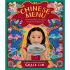 Chinese Menu book cover: Chinese dragons, dishes, take-out boxes, clouds on either side of Chinese American girl holding soup
