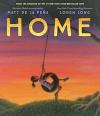 Home book cover: Girl in a tire swing on a green hill against a deep orange sunset sky