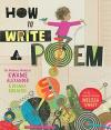 Girl in a pink shirt riding a unicycle and writing the words "my poem" in pencil