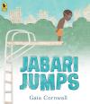 Jabari Jumps book cover: A young Black boy in orange swim trunks and goggles stands at the edge of a high diving board; cityscape in the background