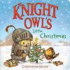 Owl in knight's armor decorates a tiny Christmas tree with a tiny yellow bird as snow falls against a blue sky