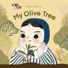 My Olive Tree book cover: Little girl with brown eyes in a blue keffiyeh, striped dress, smiles at sprouting olive tree, trees behind and a bird above