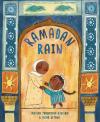 Ramadan Rain book cover: Dark-skinned mother and daughter in head scarves stand in an arched opening holding hands, with rain falling
