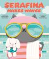 Serafina Makes Waves book cover: Cat dressed in a striped pink swimsuit stands by a pool wearing big swim goggles and holding a small toy bunny