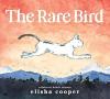 The Rare Bird book cover: A large white cat jumps across two small mountaintops against an orange sky