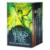 The Lost Continent Prophecy book cover: Set of 5 books in box with The Flames of Hope cover of green dragon with insect-like wings holds glowing orb