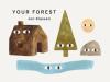 Your Forest book cover: A brown house, green tree, yellow sun, grey rock, and blue water drawn in a block style