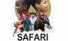 Safari movie poster: A Black Kenyan girl is back to back against a Black Kenyan boy behind an assortment of Black Kenyan people, one in a suit, one spitting fire, one with a safari hat on, one with a jumpsuit, and one in clown face 